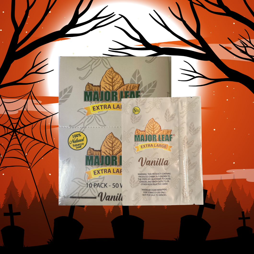 Major Leaf’s 100% Premium Natural Pre-Cut Tobacco – XL VANILLA 5 Leaf Pack (10 Packs / 50 Leaves)